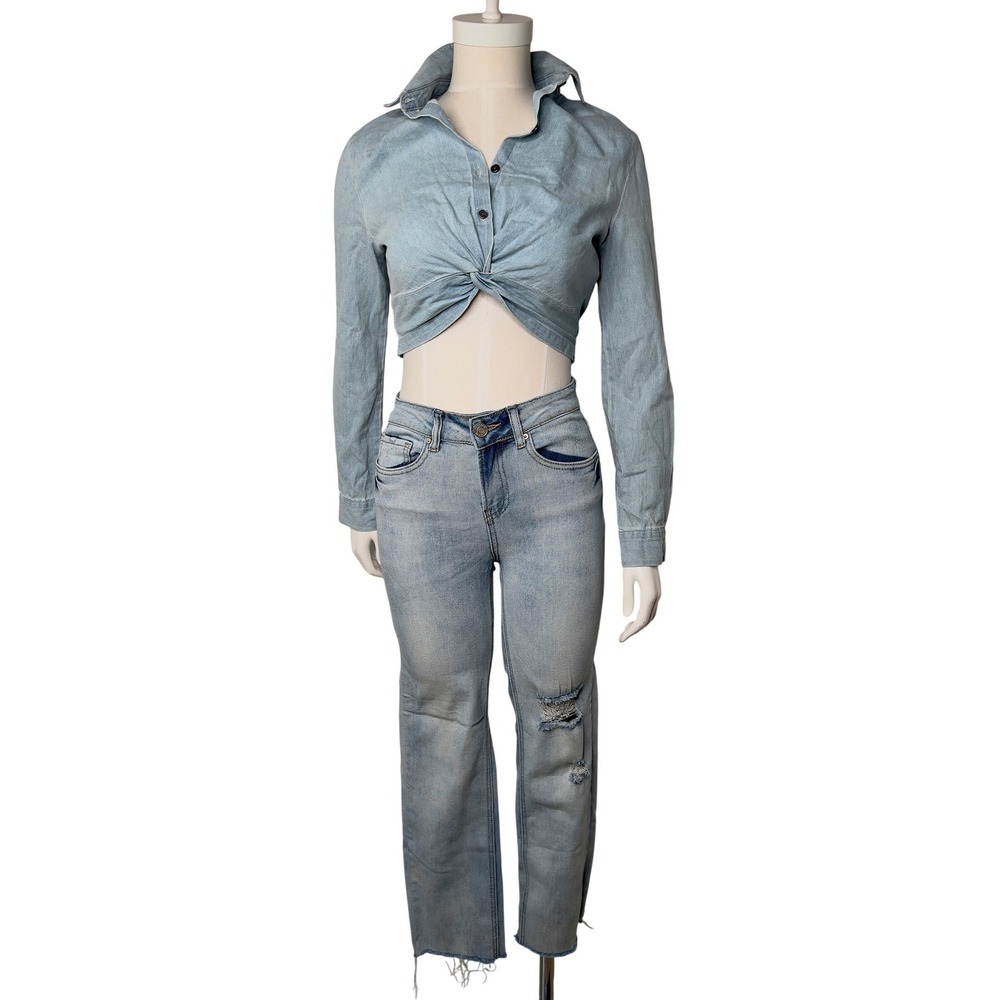 Indigo Rein Womens Distressed Light Wash Straight Leg Jeans Raw Hem Size 3 25x26